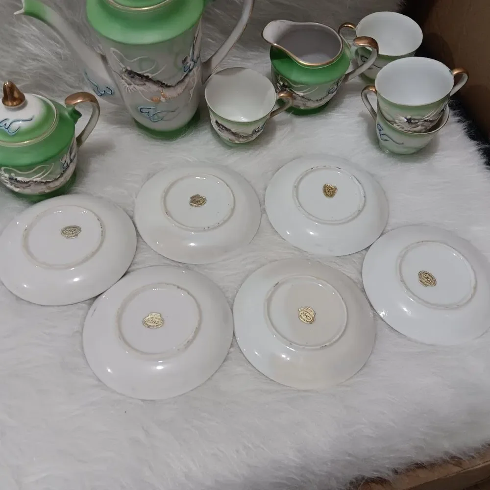 Vintage Hand Decorated Japan Green Moriage Dragon tea set